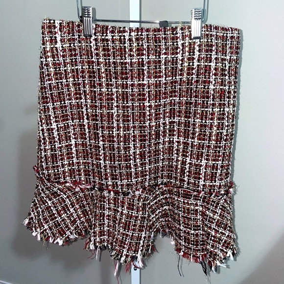 NWT Tartan Plaid Tweed Mini Skirt Womens Large Metallic Ruffle Drop Waist Frayed - Picture 2 of 16